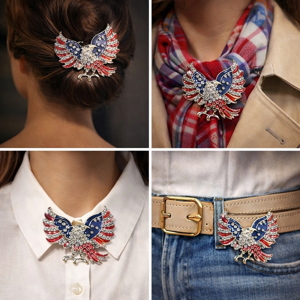 2 Qty Mint Patriotic American Eagle Brooch Red, White, & Blue Rhinestones NEW